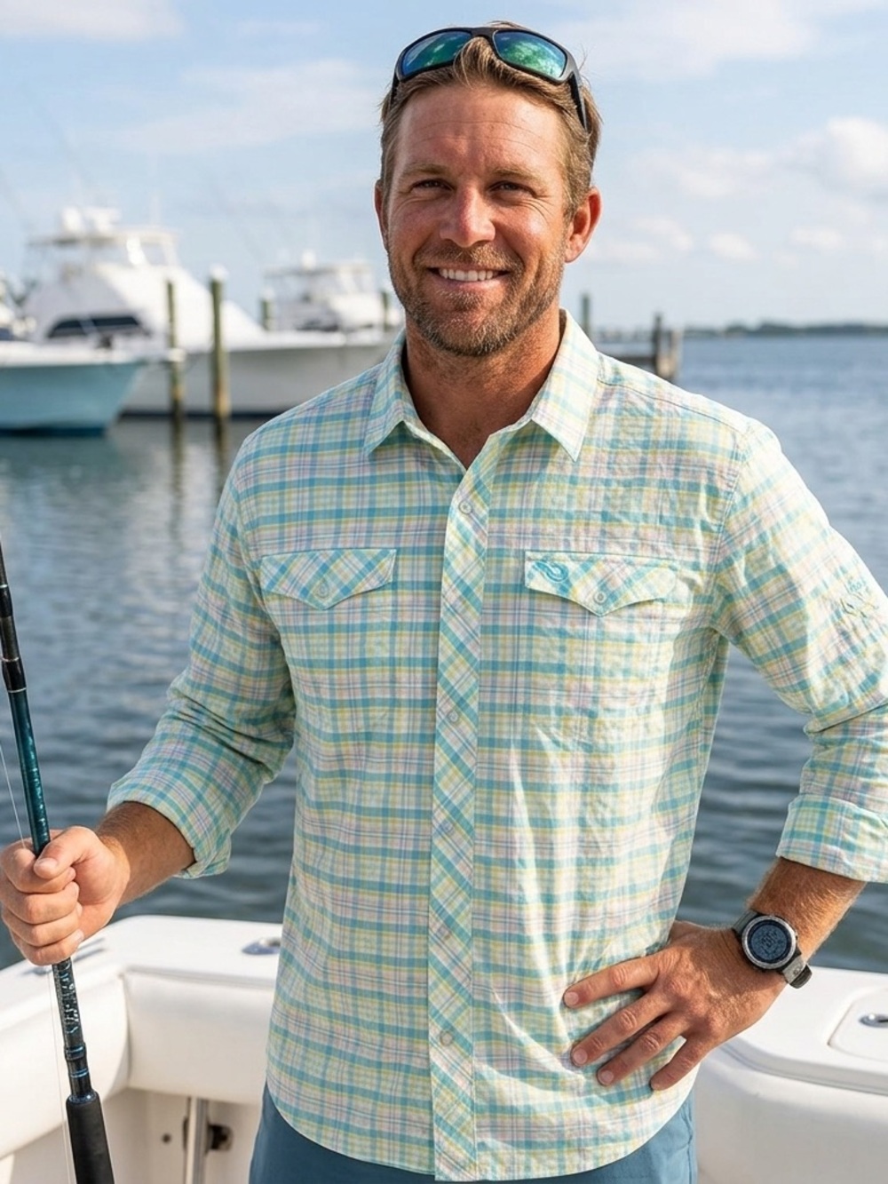 Mojo Sportswear Mens’s long sleeve Plaid Button-Down Fishing Short Size Medium